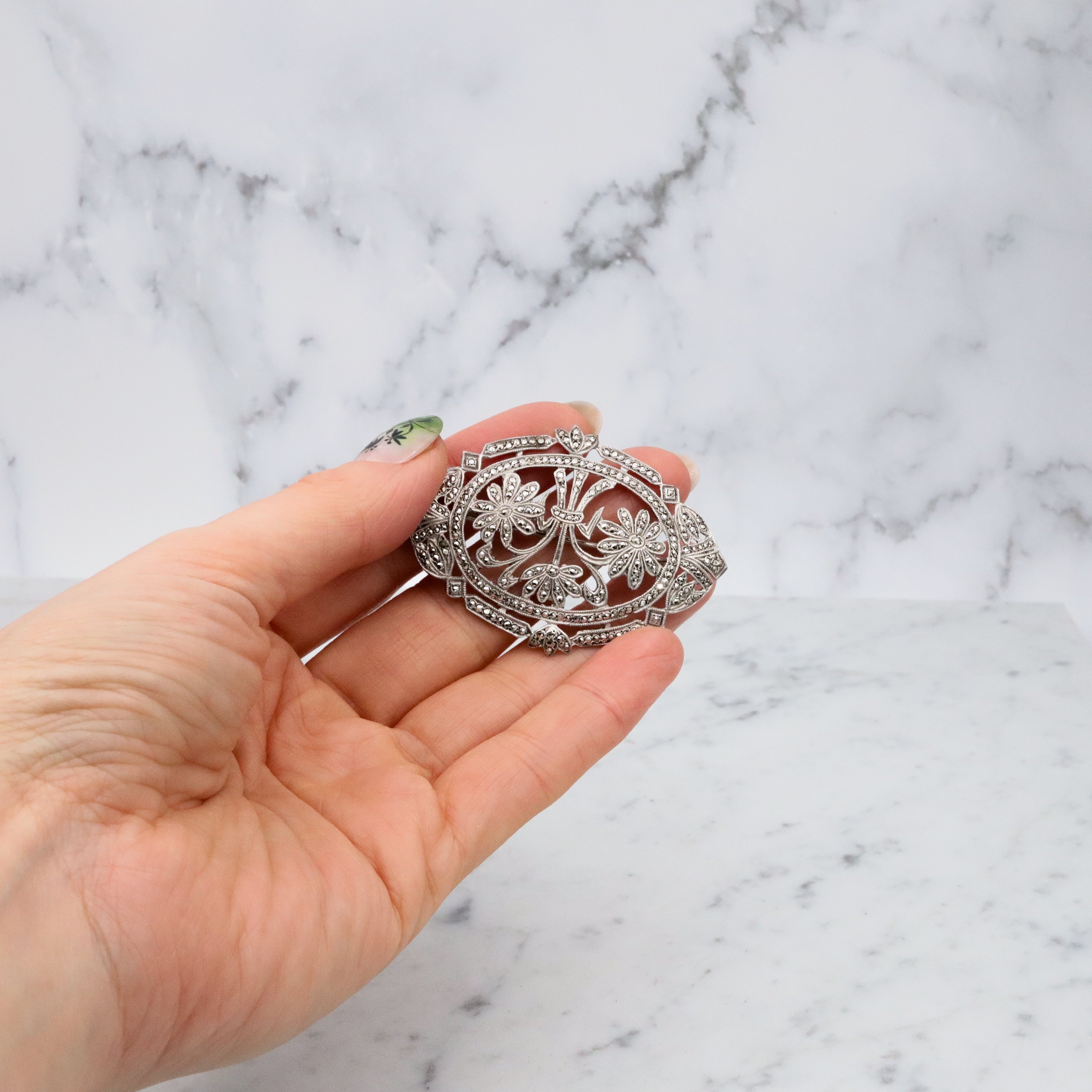 Large Antique Art Deco sterling marcasite floral brooch